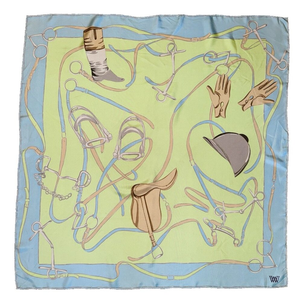 Vintage WORTH Large SILK SCARF Harness Equestrian Horse Riding Aqua Green 35x34"